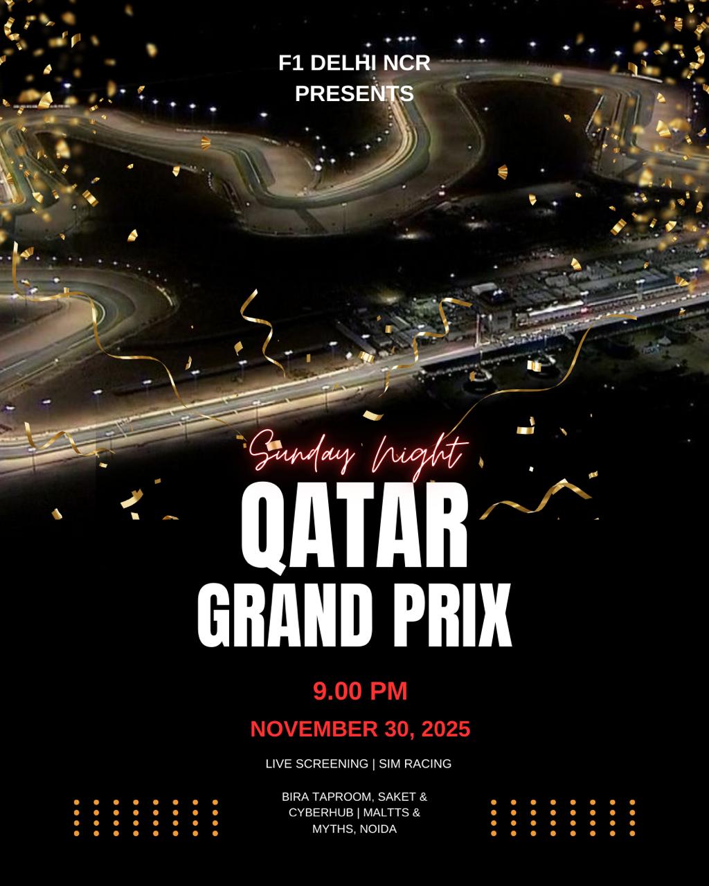 Qatar GP 2025 Live Screening + Sim Tournament, Delhi, Noida and Gurgaon