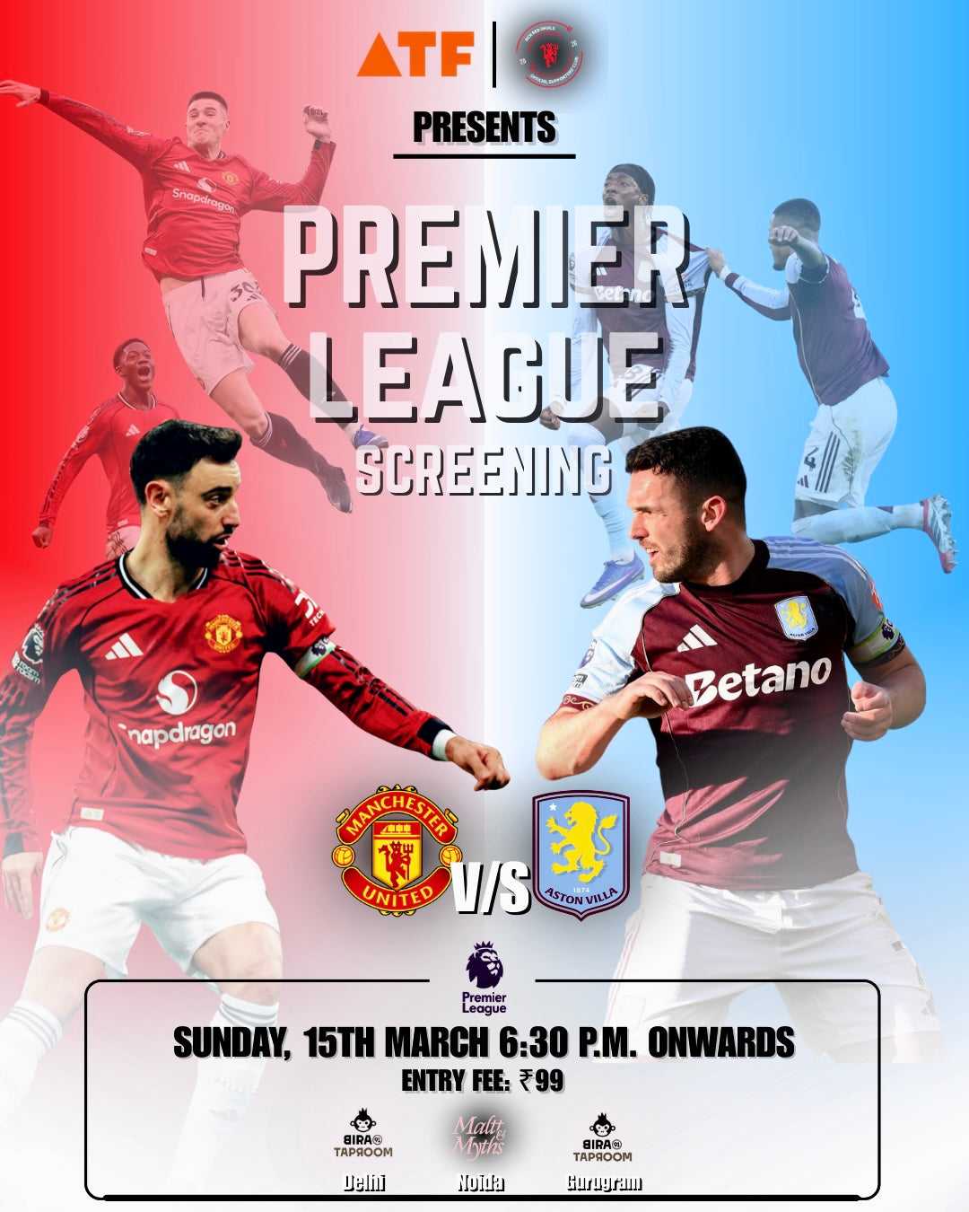 Man United vs Aston Villa - Premier League LIVE Screening: Delhi & Noida